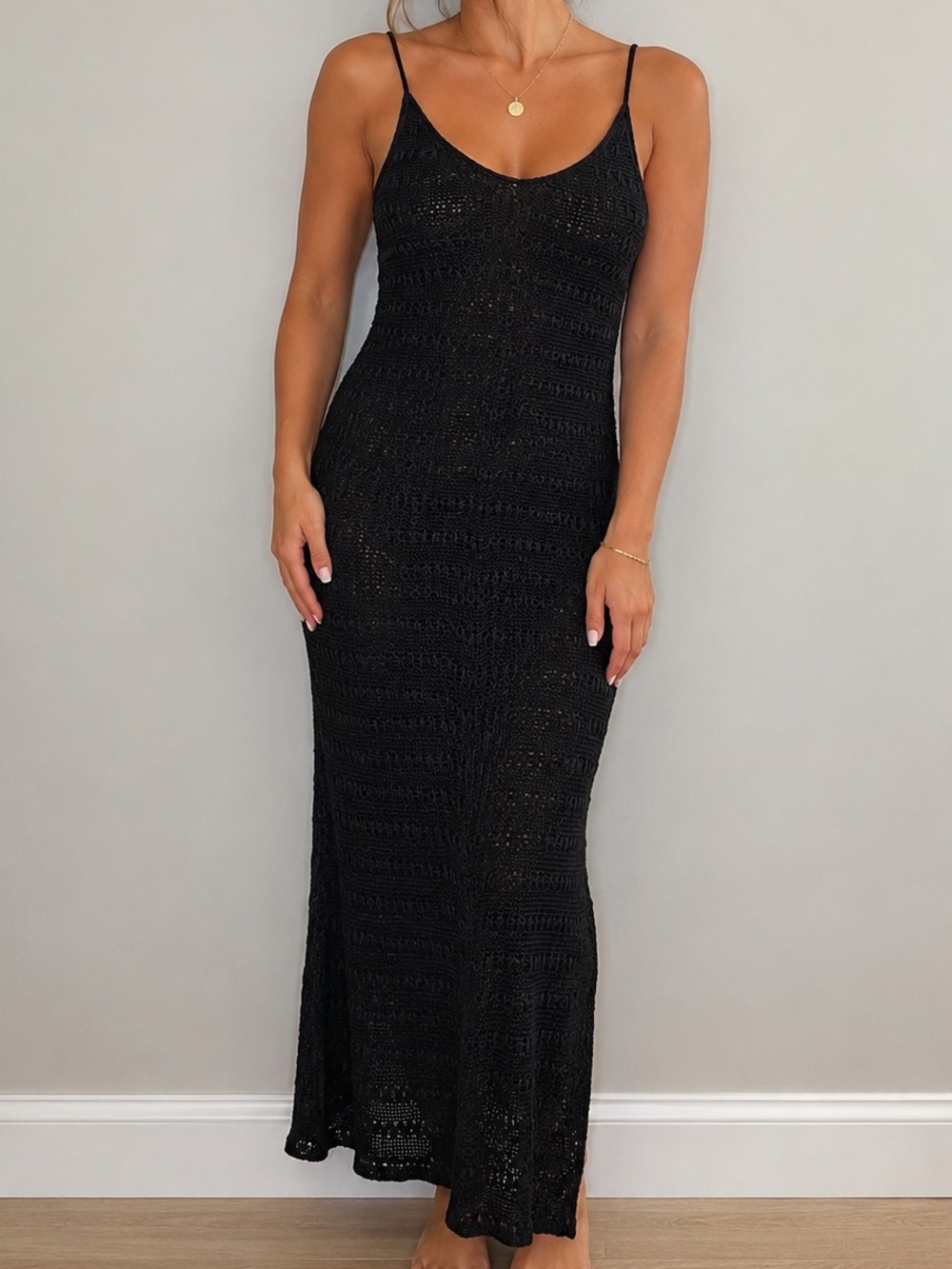 PrettyLittleThing Black Crochet Knit Maxi Dress Soft Stretch Boho Beach Cover Up